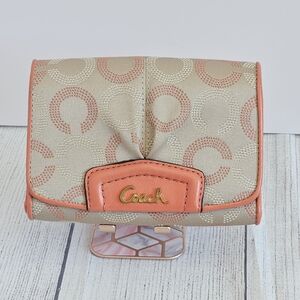 Coach Ashley Dotted Op Art Compact Wallet Khaki/Coral
